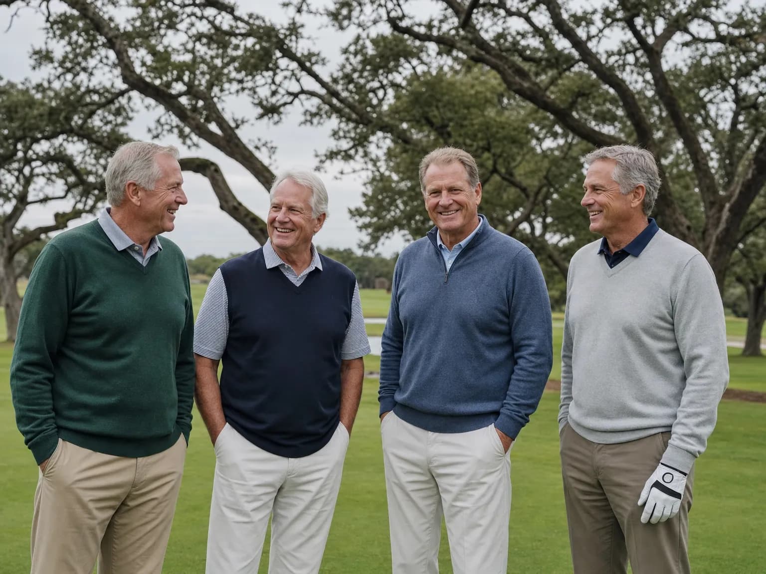 Four golfers in knitwear standing together on the course, one wearing a white glove