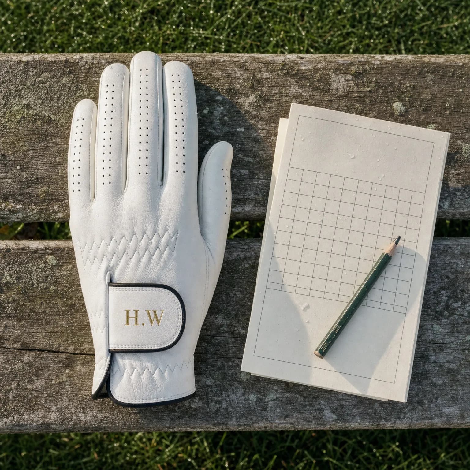A white cabretta golf glove stamped H.W laid flat to dry on a wooden bench beside a scorecard