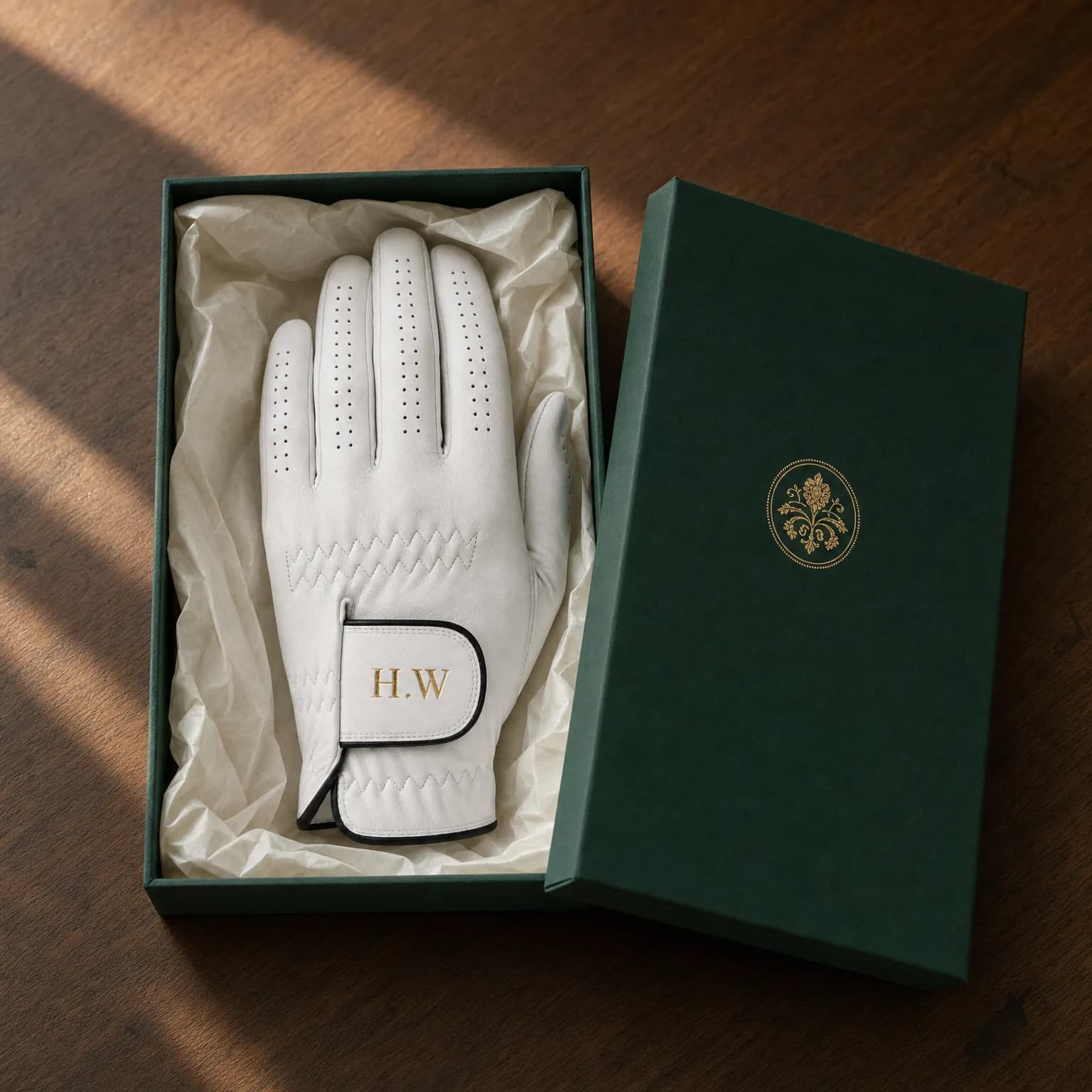 The glove in its bottle-green presentation box