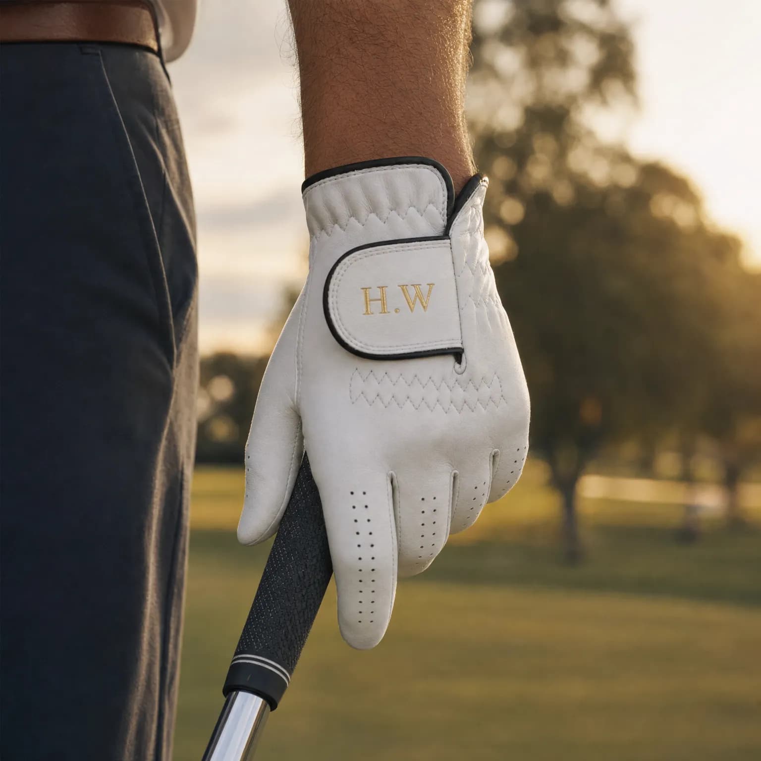 The glove on a golfer's hand, gripping an iron at golden hour
