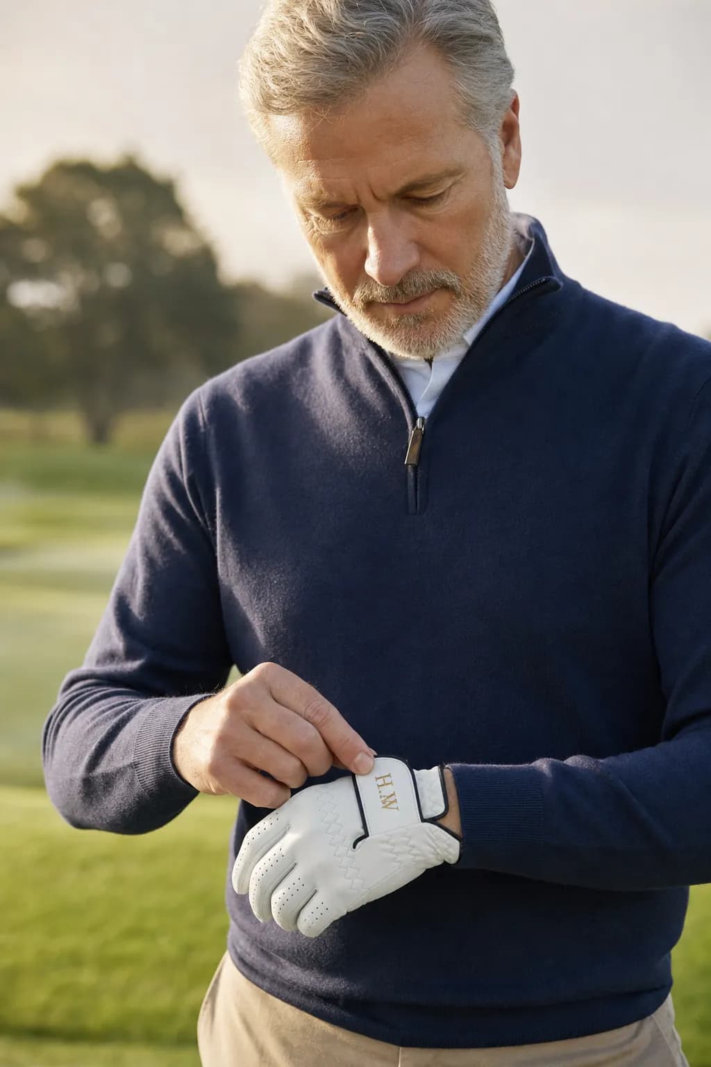 A golfer in a navy sweater pulling a white initialed glove onto his hand before a round