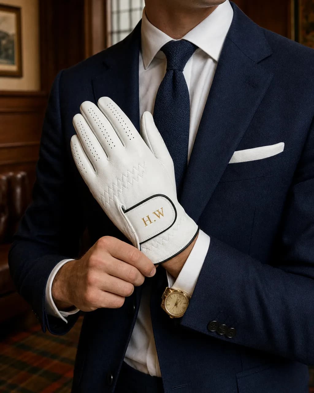 A gentleman in a navy suit fastening a white glove stamped with his initials in gold