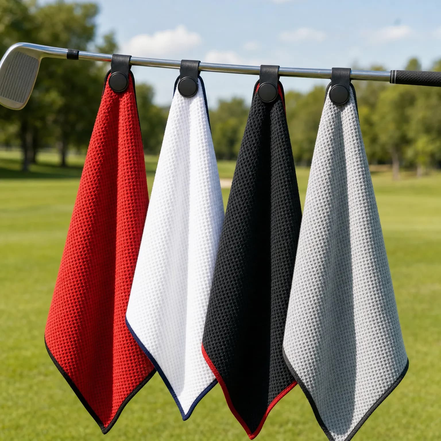 Four magnetic golf towels in red, white, black and silver hanging from an iron