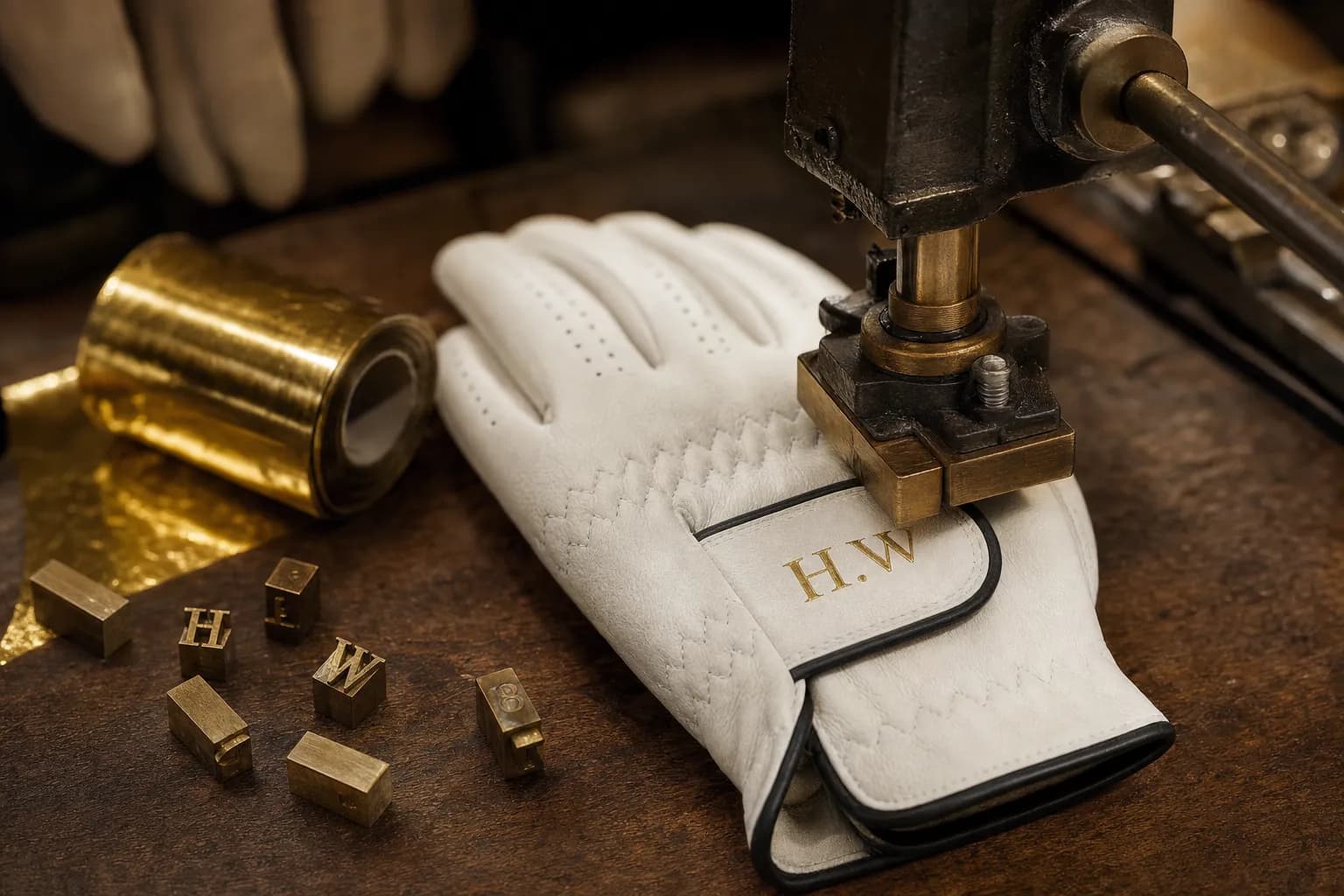 A brass hot foil press stamping gold initials into the tab of a white golf glove, type blocks beside it