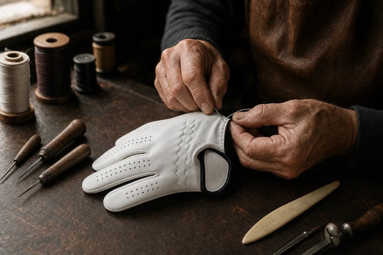 A craftsman's hands stitching a white cabretta golf glove at a leather workbench