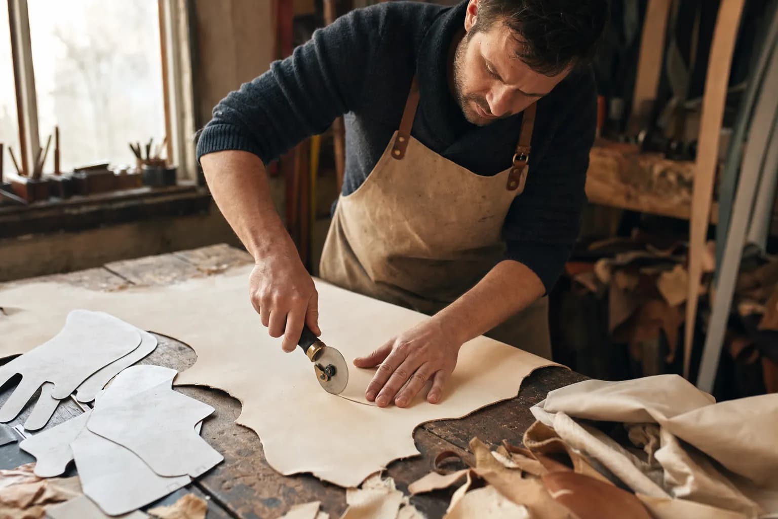 A leatherworker cutting glove panels from a cabretta hide by hand